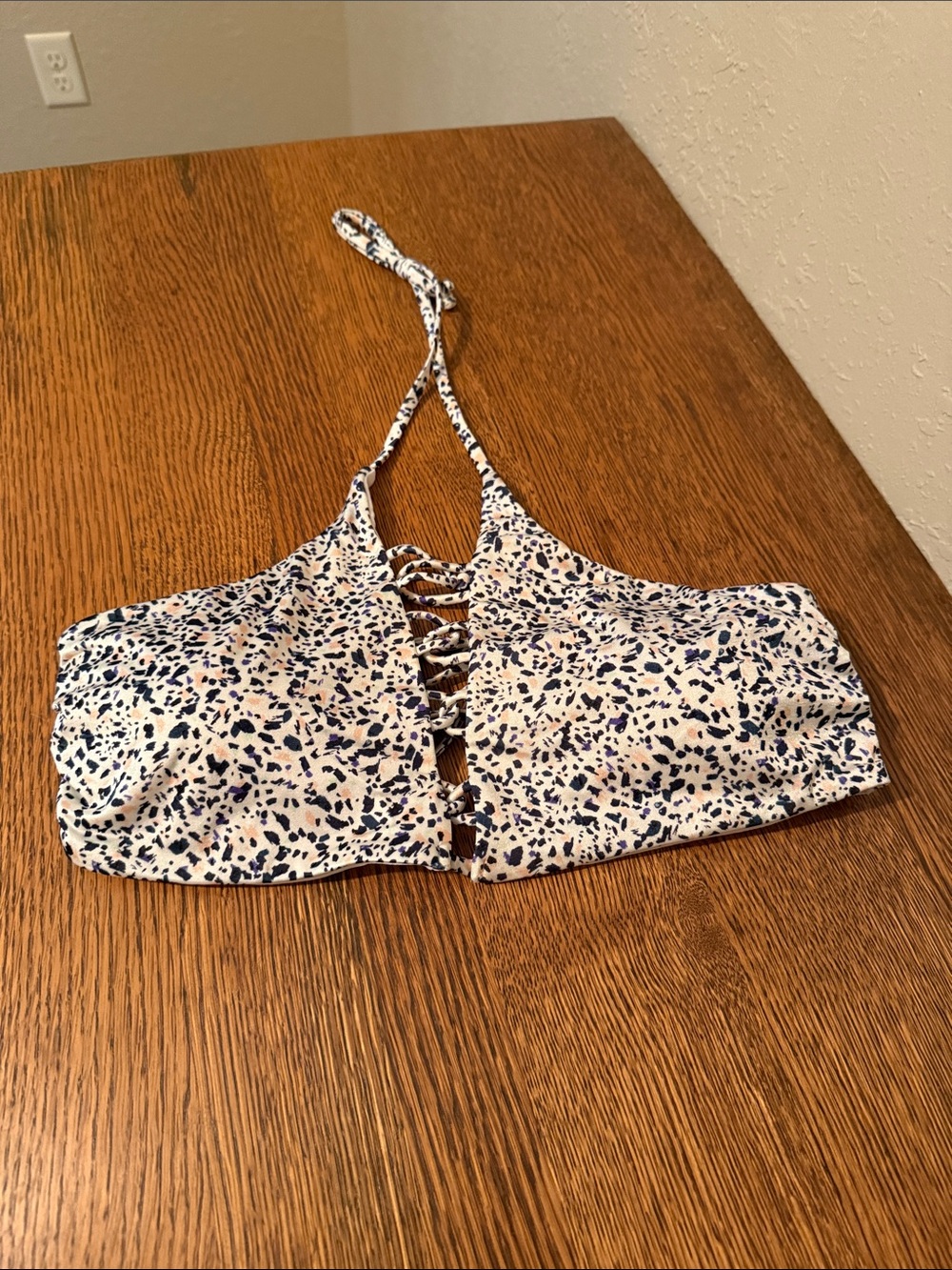 Athleta White and Navy Speckled Lace-Up Bikini Top